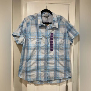 NWT Eddie Bauer Women Blue Plaid Short Sleeve Adventure Shirt UPF 50 Size XXL